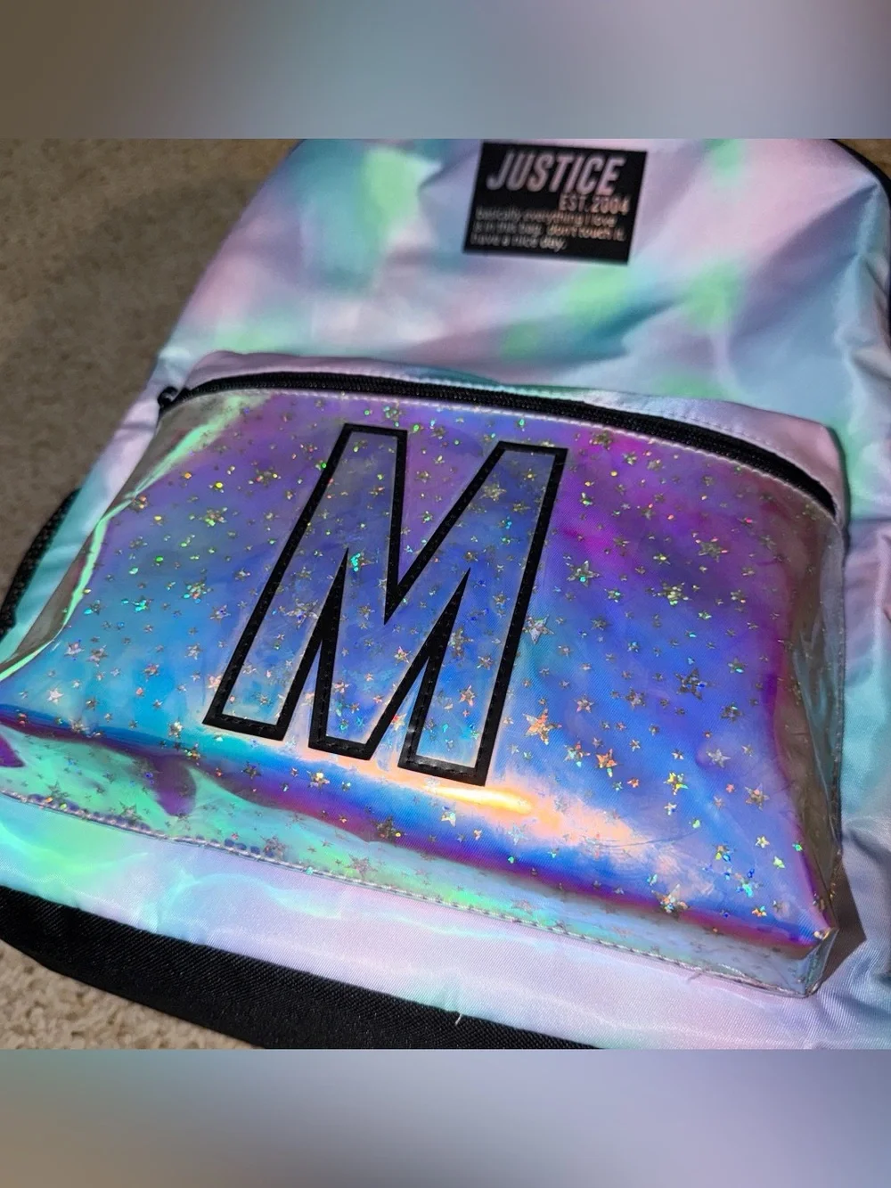 Justice Iridescent Holographic Purple Backpack with M Initial